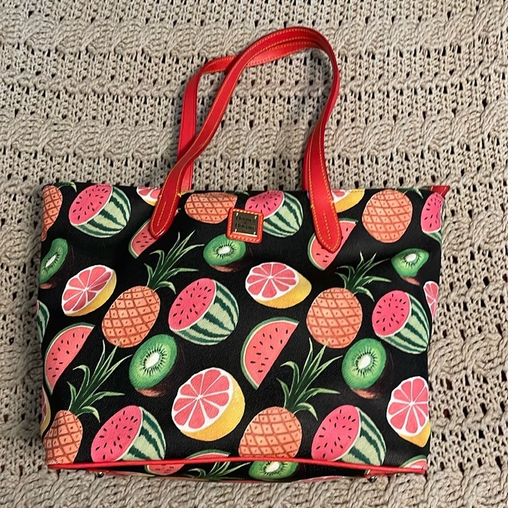 DOONEY & BOURKE Summer Fruit Print Tote Purse Watermelon Pineapple Kiwi 16.5x11‎